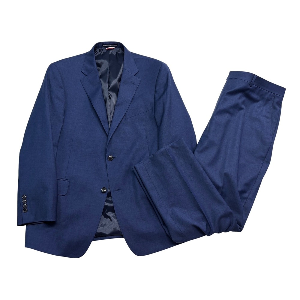 Tommy Hilfiger 42S 40x29 Navy Blue 2pc Pant Suit Stretch Wool Flat Front Mens